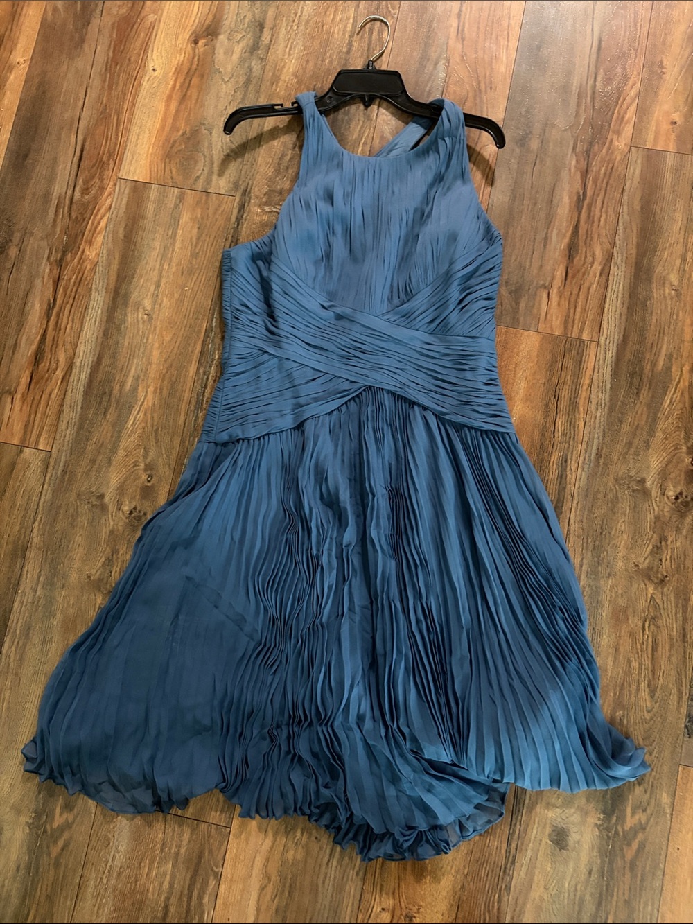Anne Klein Blue Pleated Midi Dress with Crisscross Waistband